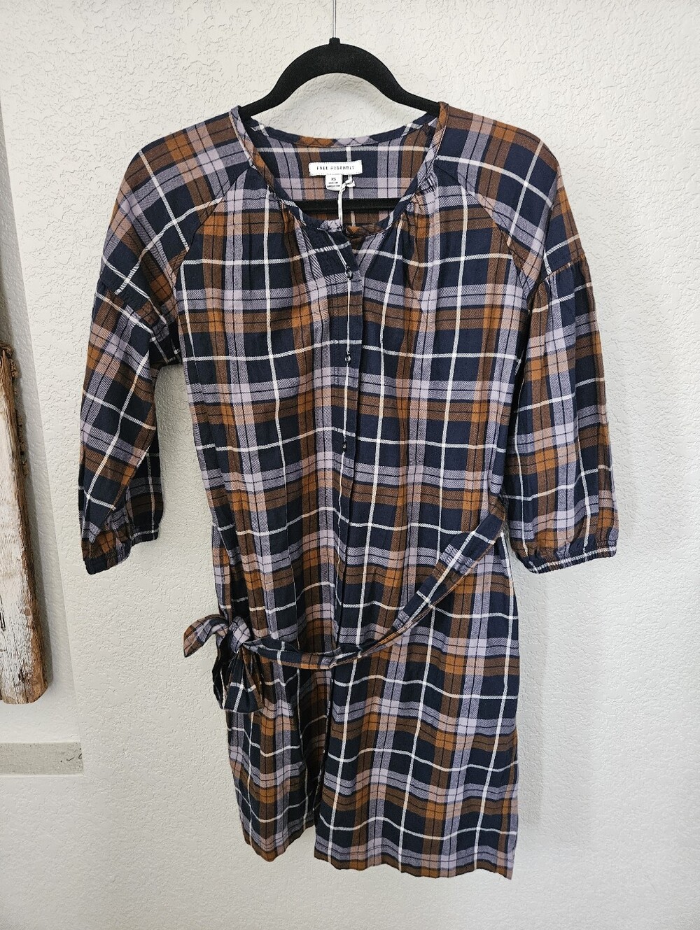 Free Assembly Plaid Long Sleeve Tie-Waist Dress